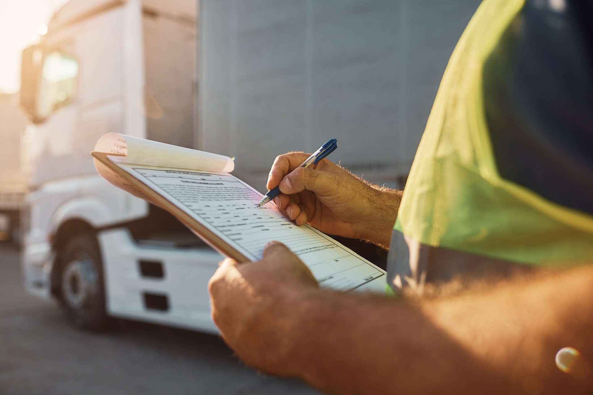 Close up of trucking dispatcher going through checklist on parking lot.